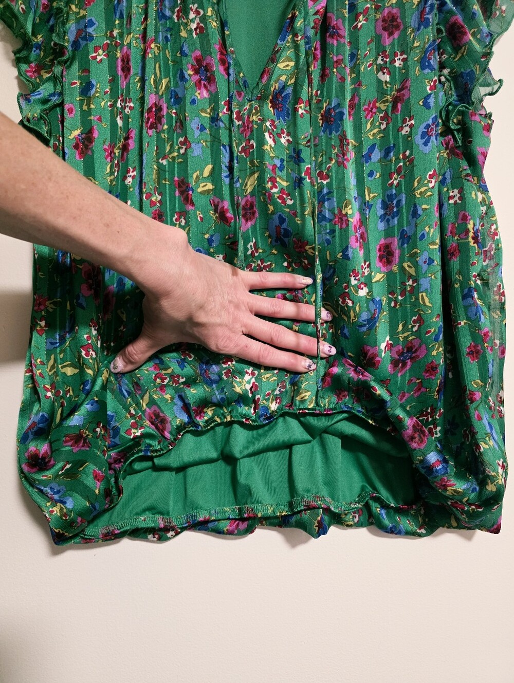 Tamara H Floral Pleated Ruffle Neck Flutter Sleeve Blouse Bubble Hem Green Large - Picture 7 of 12